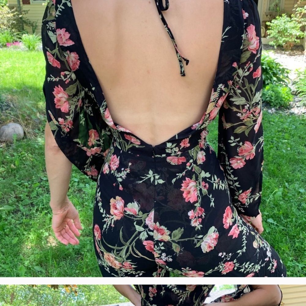 Reformation Black Floral Open Back Jumpsuit, Boatneck,Slit Sleeves,made in USA,0 - Picture 7 of 11